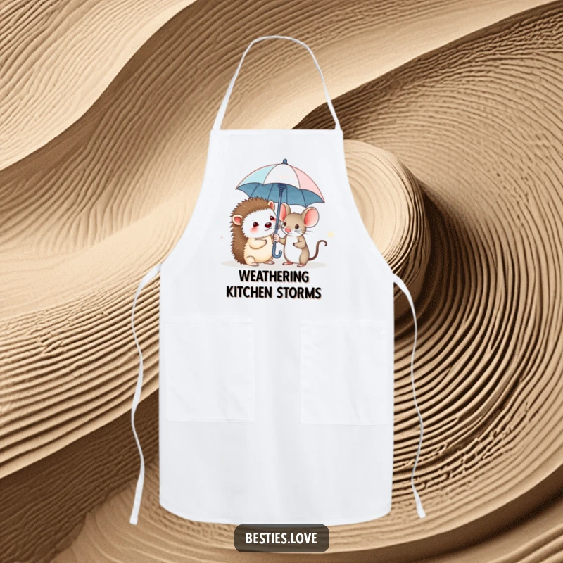 Funny apron showing a bashful hedgehog and a brave mouse sharing a minuscule umbrella, ready for culinary challenges with a smile.