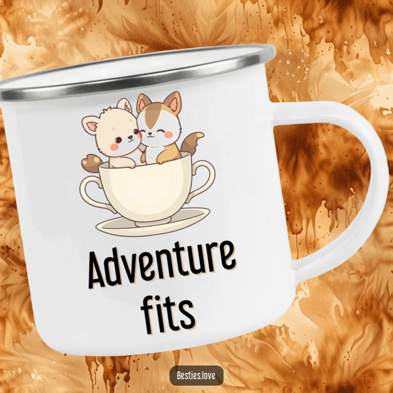 Funny Bestie Animals Camping Mug: Two best friends hilariously squeezing into a tiny teacup, ready for outdoor fun and laughter.