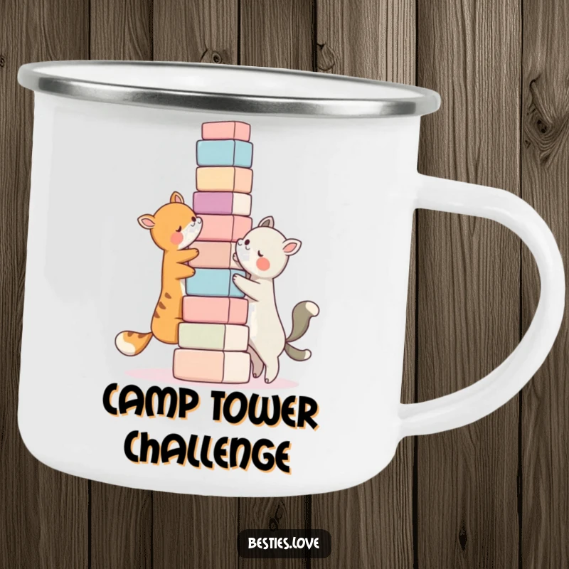 Funny bestie camping mug, two animal characters building a ridiculously tall tower of blocks together, durable outdoor mug.