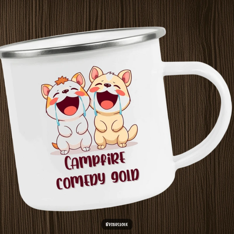 Funny camping mug featuring two animals in fits of laughter, tears flowing, ideal for enjoying hot drinks in the great outdoors.