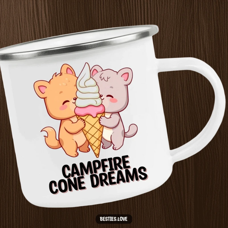 Funny animal camping mug showing two joyful friends sharing a massive ice cream cone, ideal for sweet outdoor moments.