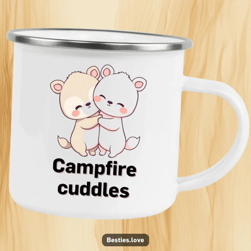 Funny animal hug camping mug with two cute animals with large heads and short limbs embracing warmly, perfect for outdoor drinks.