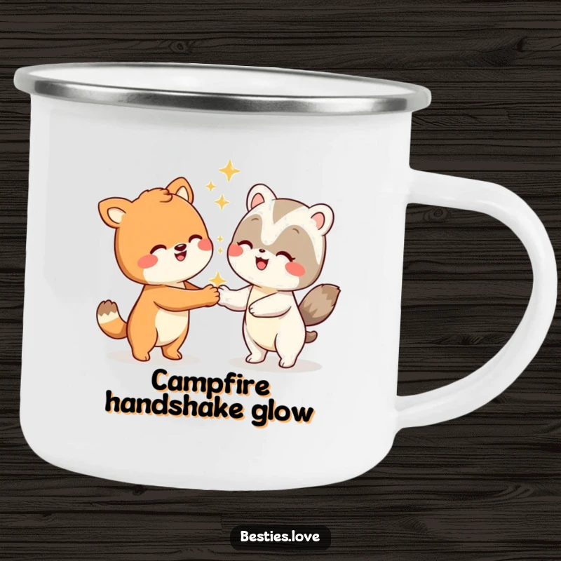 Funny animal camping mug showing two smiling characters performing a silly handshake with sparkling effects, perfect for outdoor fun.