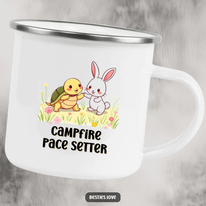 Funny Camping Mug: A shy turtle and an energetic rabbit playing tag in a meadow, perfect for adventurers who enjoy humorous designs.