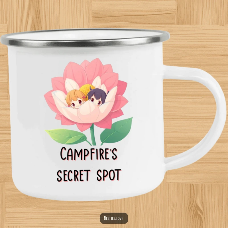 Funny camping mug with two characters peeking from behind a giant, vibrant flower, perfect for enjoying drinks outdoors.