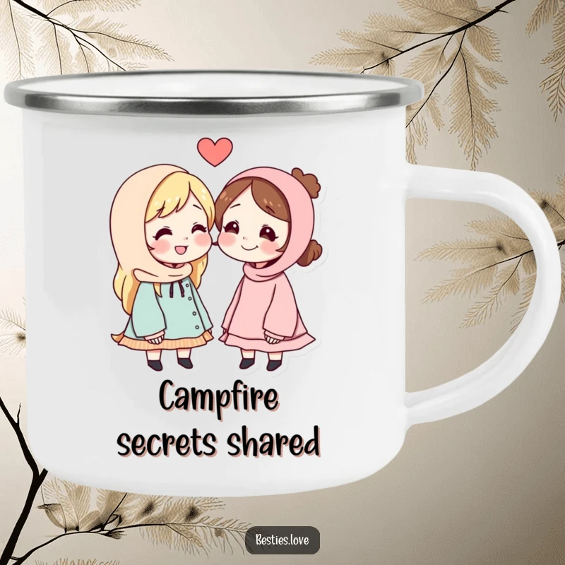 Funny camping mug showing best friends leaning in to whisper secrets, perfect for sharing stories around the campfire.
