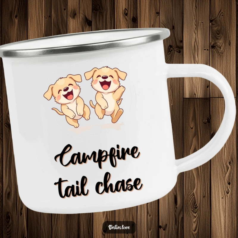 Funny camping mug with two laughing puppies chasing their tails in a dizzying circle, perfect for outdoor fun with playful dog art.