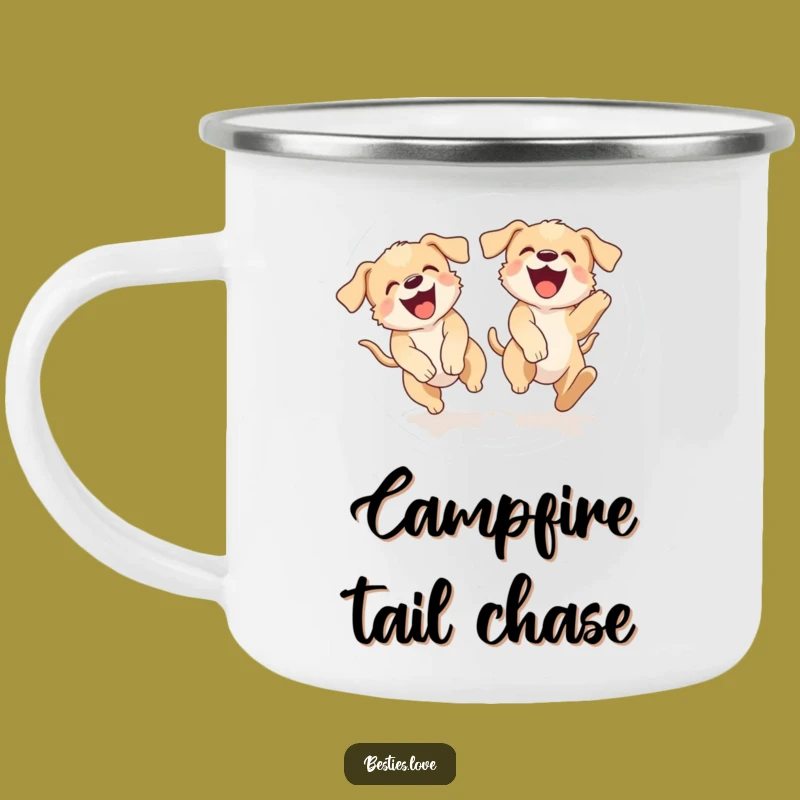 Funny Puppy Tail Chase Camping Mug - Silly Dog Lover Enamel Cup