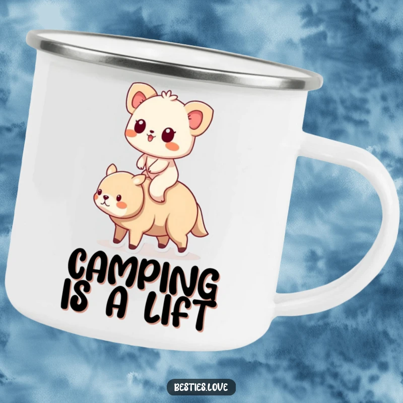 Funny Animal Friends Riding Camping Mug showing a small creature happily riding on the back of its larger, supportive friend.