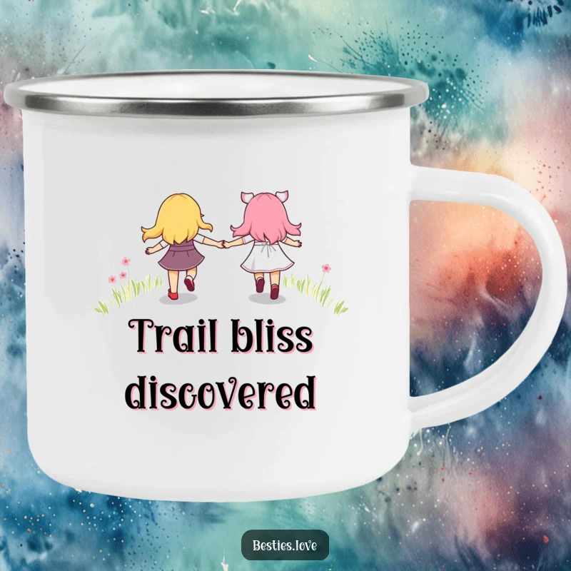 Funny camping mug showing happy best friends holding hands and skipping along a bright rainbow path, perfect for outdoor enthusiasts.