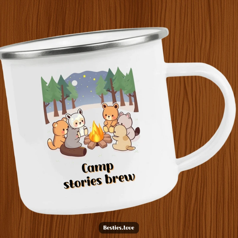 Funny kawaii animals sharing stories around a campfire, a durable and humorous camping mug, great outdoor gift.