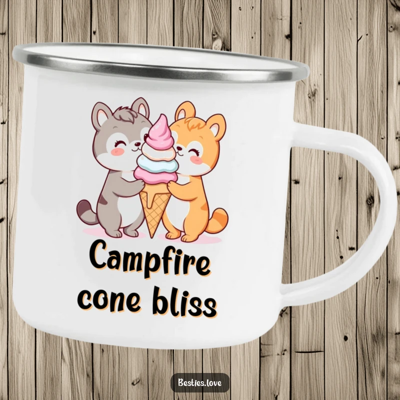 Funny kawaii animals enjoying a giant ice cream cone, a durable and humorous camping mug, great outdoor gift.