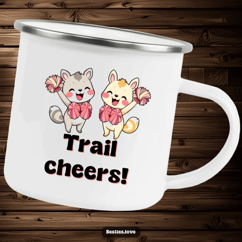 Funny Animal Friends Camping Mug: Two animals energetically cheering with pom-poms and beaming smiles, perfect for outdoor encouragement.