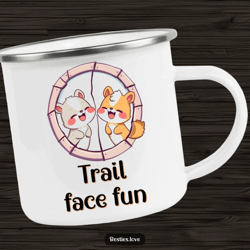 Funny Animal Friends Camping Mug: Two animals humorously displaying silly faces in a cracked mirror, perfect for outdoor adventures and smiles.