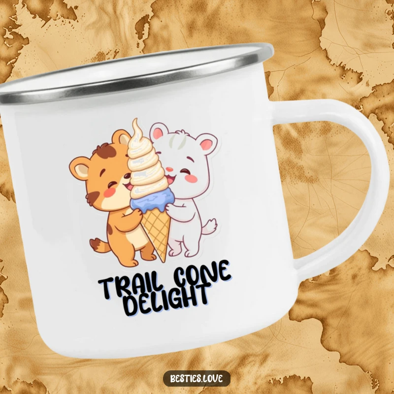 Funny animals sharing a giant ice cream cone, a sturdy camping mug for enjoying sweet beverages outdoors.