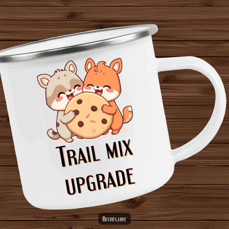 Funny camping mug featuring two cheerful animal companions sharing a massive cookie, perfect for enjoying drinks in the great outdoors together.