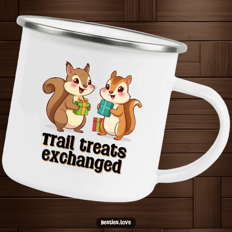 Funny camping mug featuring a squirrel and chipmunk best friends exchanging gifts, designed for outdoor adventures and humor.