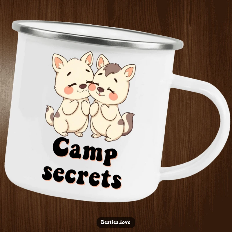 Funny Bestie Animals Camping Mug: Two animals humorously sharing secrets with exaggerated expressions, perfect for outdoor whispers and smiles.