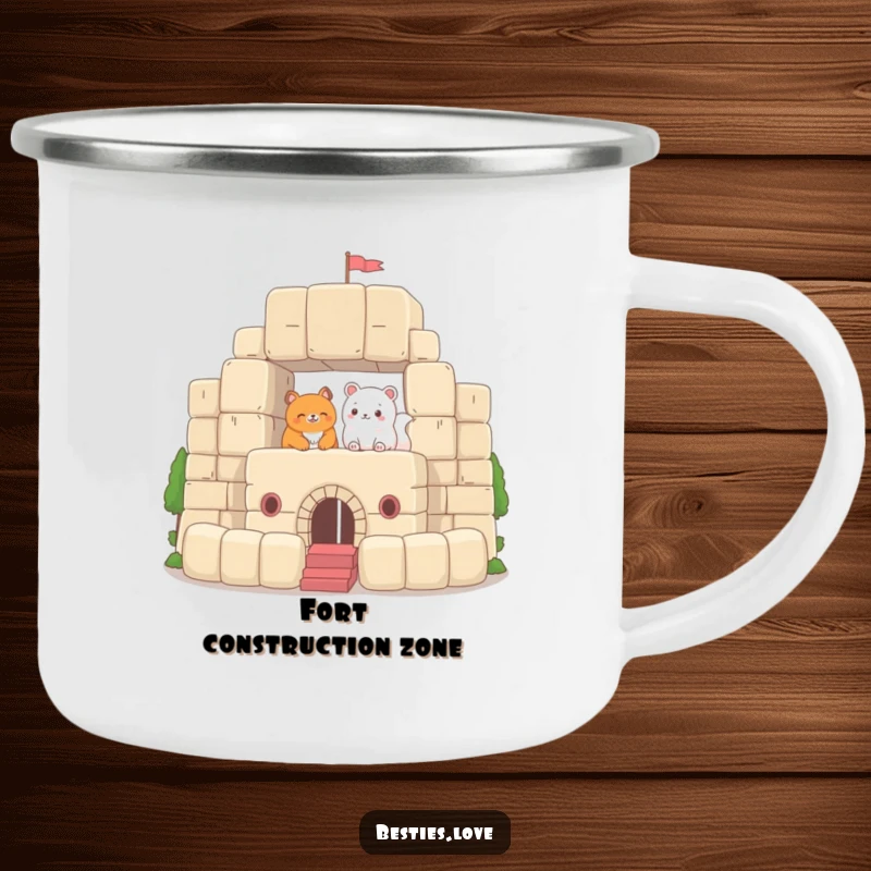 Funny Camping Mug showing two animals building a magnificent fort out of oversized plush blocks, perfect for enjoying drinks on outdoor adventures with a creative, humorous touch.