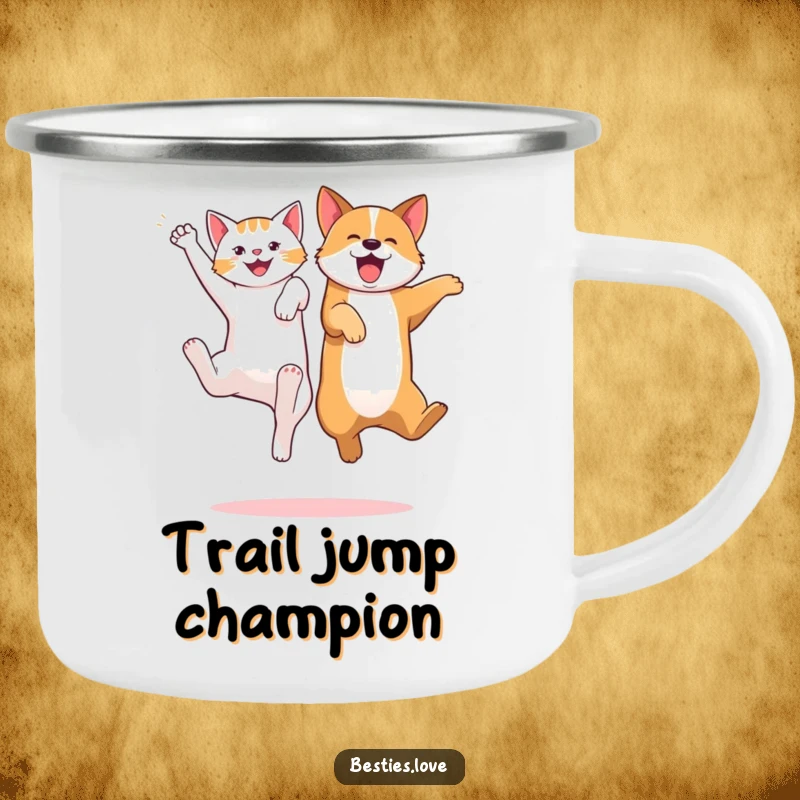 Funny camping mug with a cat and dog jumping high, kicking legs with excitement, perfect for outdoor fun with energetic pet art.