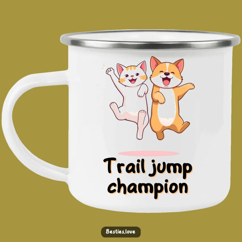 Funny Cat Dog Jump Camping Mug - Playful Pet Pals Enamel Cup