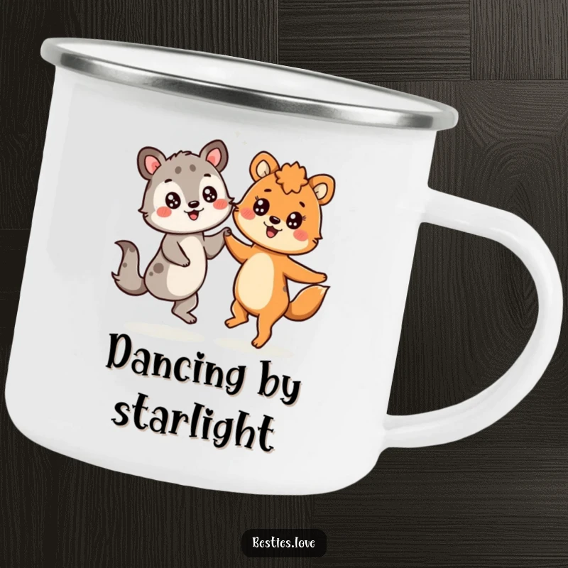 Funny camping mug with two animals dancing joyfully, sporting starry-eyed expressions, perfect for enjoying drinks outdoors.