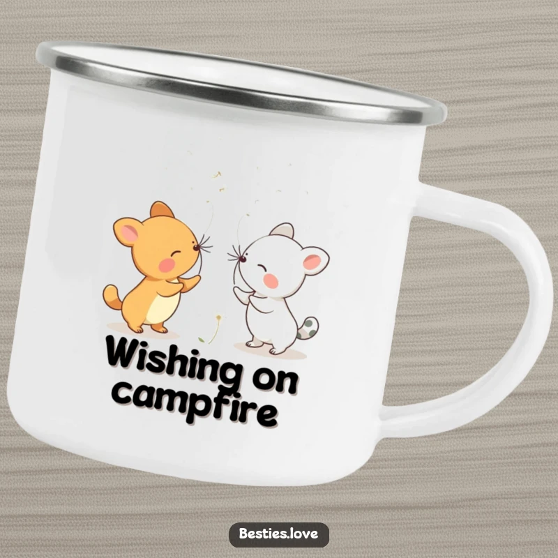 Funny Dandelion Wishes Animals Camping Mug showing two creatures gently blowing dandelion seeds, perfect for outdoor daydreams.