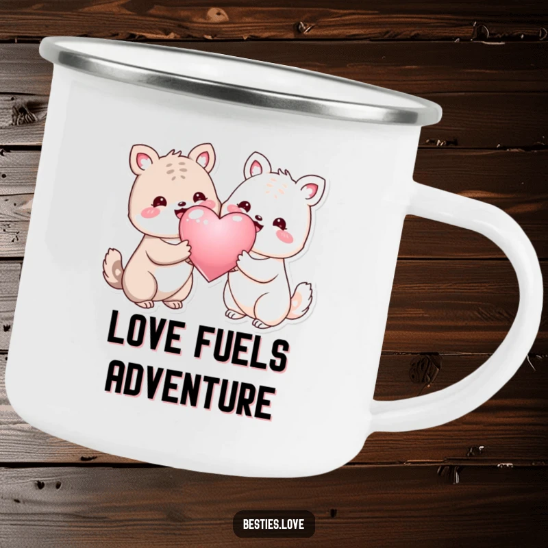 Funny camping mug with two happy animals sharing a large shiny heart, perfect for outdoor adventures and warm drinks.