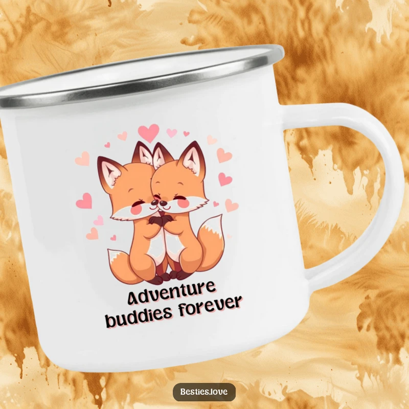 Funny camping mug with two adorable fox friends hugging, surrounded by sparkling hearts, celebrating friendship on all your outdoor journeys.