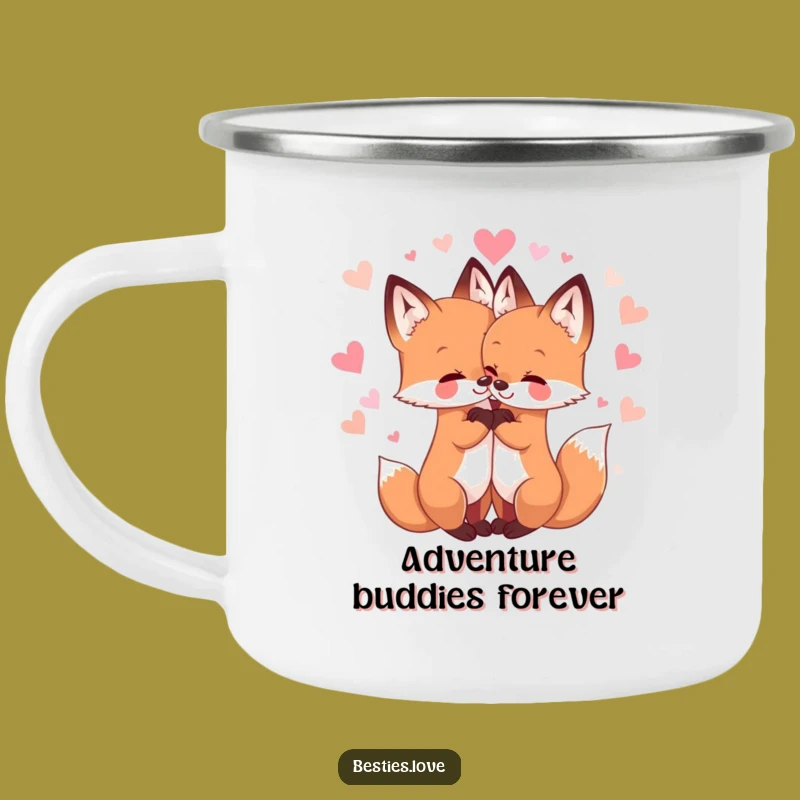 Funny Fox Friends Hug Camping Mug - Adorable Cute Enamel Cup for Outdoors