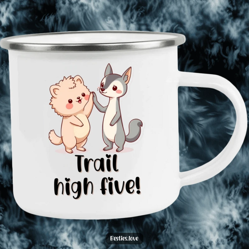 Funny friends camping mug, two kawaii animal friends, a fluffy creature and a sleek one, enthusiastically high-fiving.