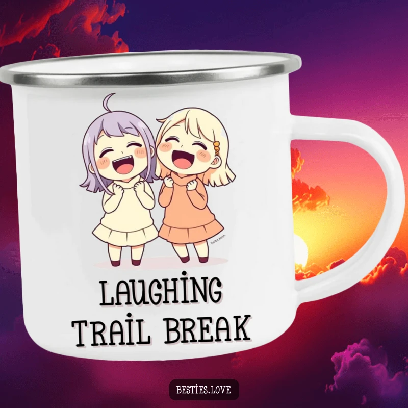 Funny friends laughing uncontrollably, holding their sides, a durable camping mug for outdoor merriment.