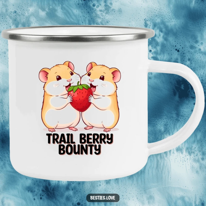 Funny hamster camping mug showing two smiling hamsters sharing a single, oversized strawberry, perfect for campfire enjoyment.