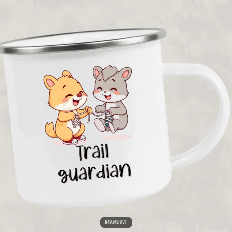 Funny camping mug with a smiling animal helping another tie shoelaces, ideal for enjoying hot drinks while spreading kindness.