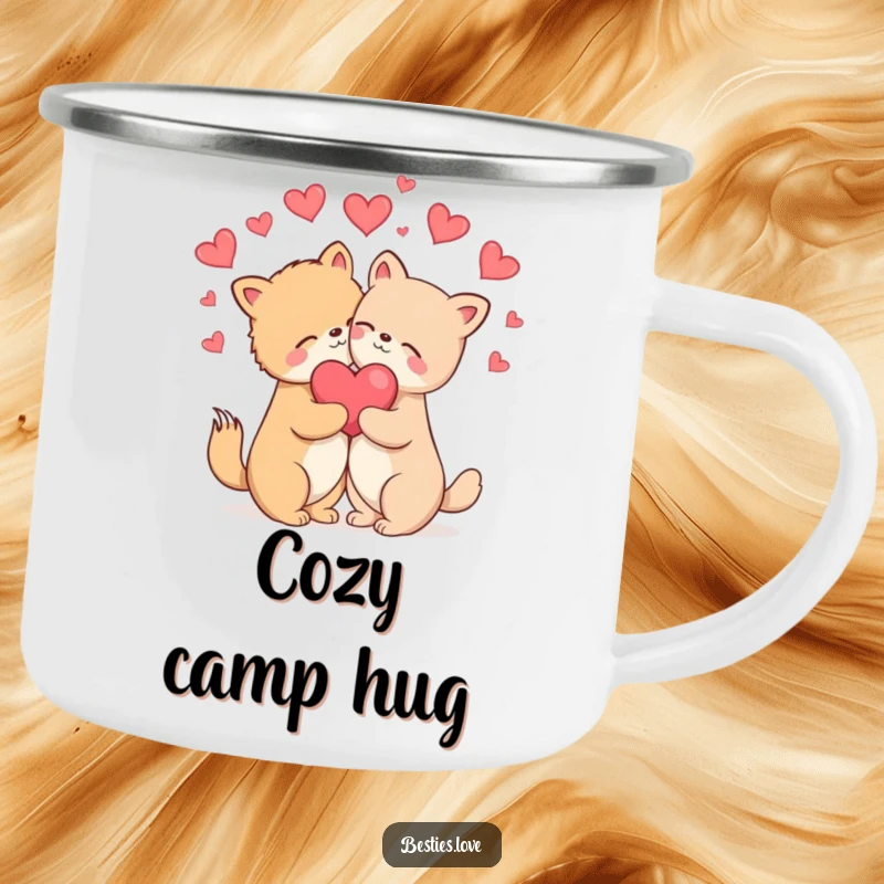 Funny Camping Mug: Two animals in a blissful hug with hearts floating around them, perfect for outdoor enjoyment.