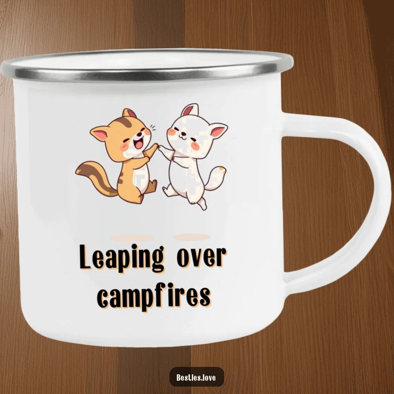 Funny Leapfrog Animals Camping Mug showing two happy animals having a blast playing leapfrog, perfect for any outdoor excursion.