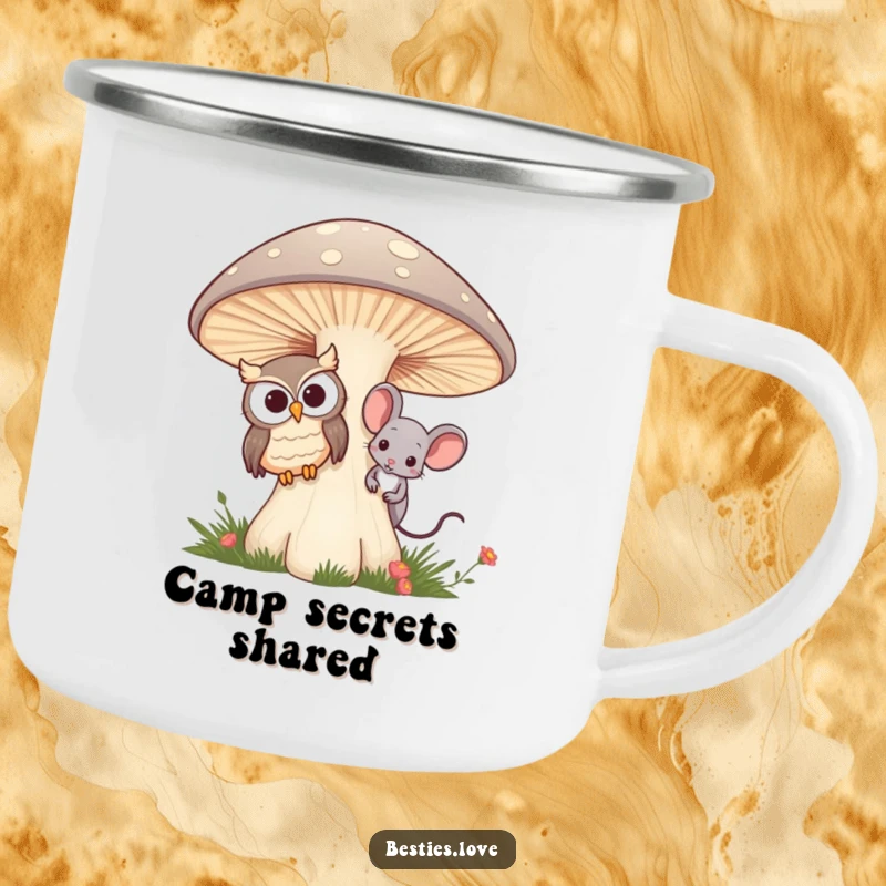 Funny camping mug showing an owl and mouse best friends peeking from behind a mushroom, perfect for outdoor enthusiasts.