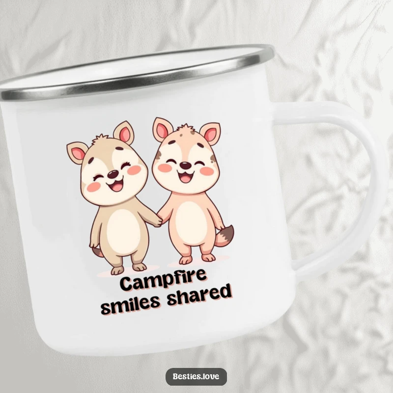 Funny Pals Camping Mug with two silly animals holding hands, their faces beaming with broad smiles, perfect for outdoor use.