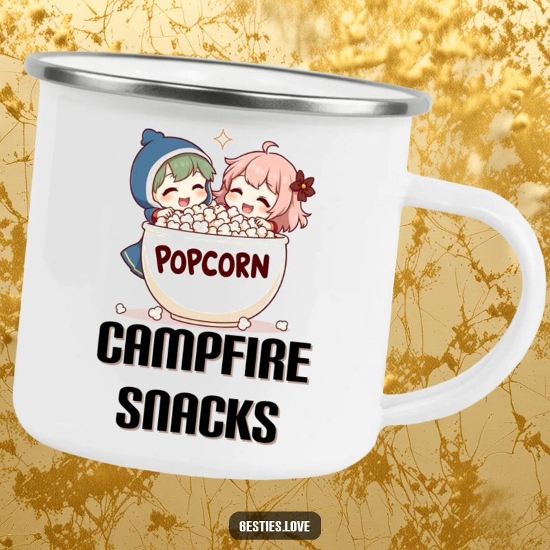 Funny Camping Mug: Two characters laugh while sharing an enormous popcorn bowl, offering a humorous and durable companion for outdoor drinks.