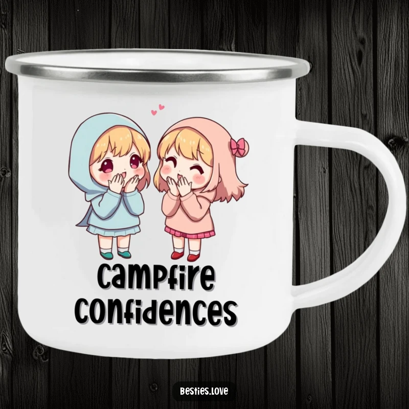 Funny Secret Sharing Friends Camping Mug showing two friends huddled together, whispering secrets with comical, exaggerated expressions.
