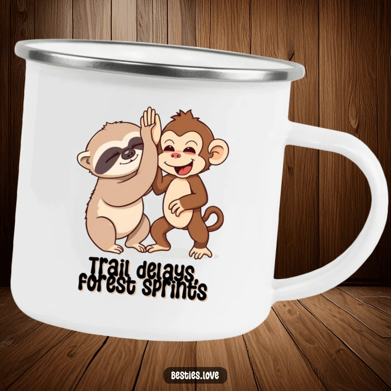 Funny camping mug with a sleepy sloth and energetic monkey high-fiving, perfect for drinks during outdoor trips.