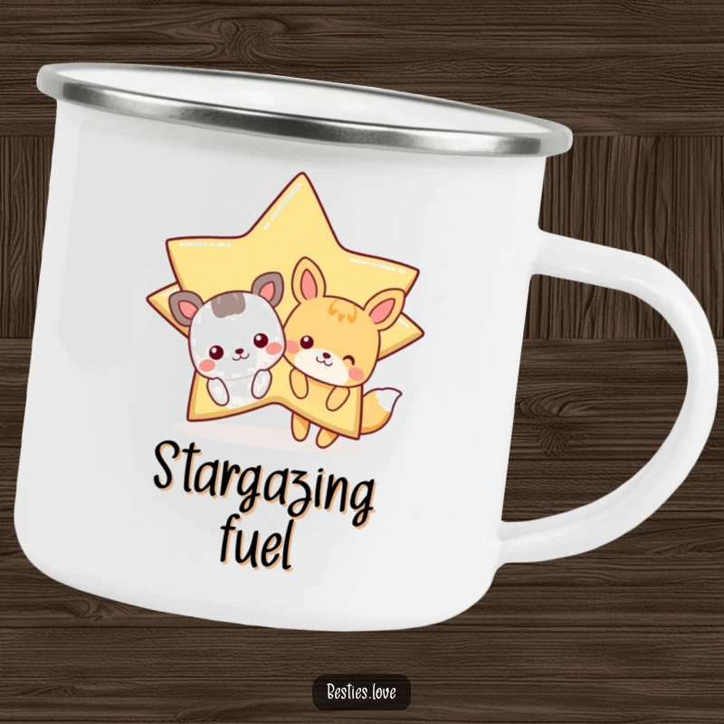 Funny Star Animals Camping Mug with cartoon animals peeking from behind a large, winking star, perfect for outdoor use.
