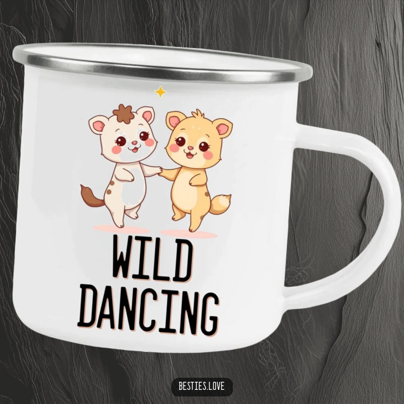 Funny Camping Mug: Two animals dance joyfully with stars in their eyes, offering a humorous and durable companion for outdoor drinks.