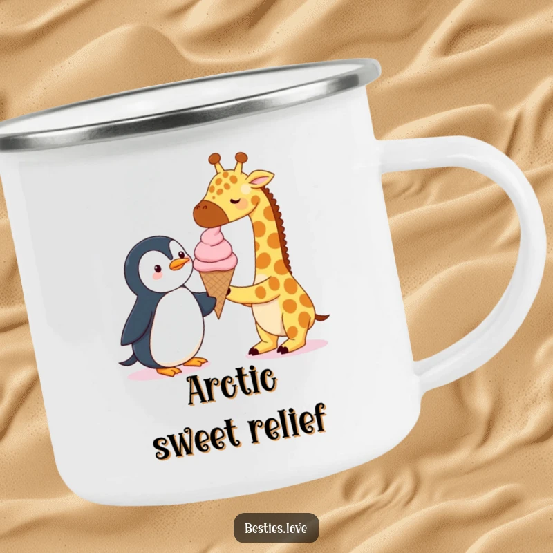 Funny Camping Mug: A giraffe and a penguin sharing one giant ice cream cone, ideal for outdoor enthusiasts who enjoy humorous designs.