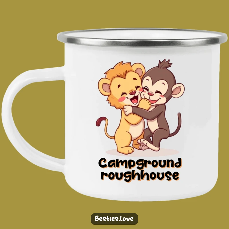 Funny Wild Pals Camping Mug: Lion Cub & Monkey Wrestle Adventure, Great Funny Gift