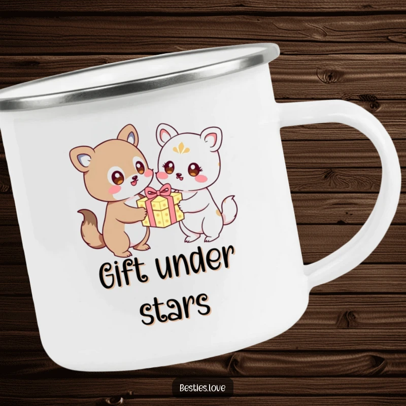 Funny kawaii animals exchanging a birthday gift, a durable and humorous camping mug, great outdoor gift.