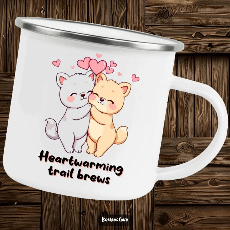 Funny kawaii animals hugging tightly with hearts floating, a durable camping mug for adventures and cozy moments.