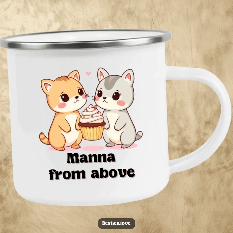 Funny camping mug with two cute animals looking shocked at a tiny floating cupcake, ideal for campers and hikers.
