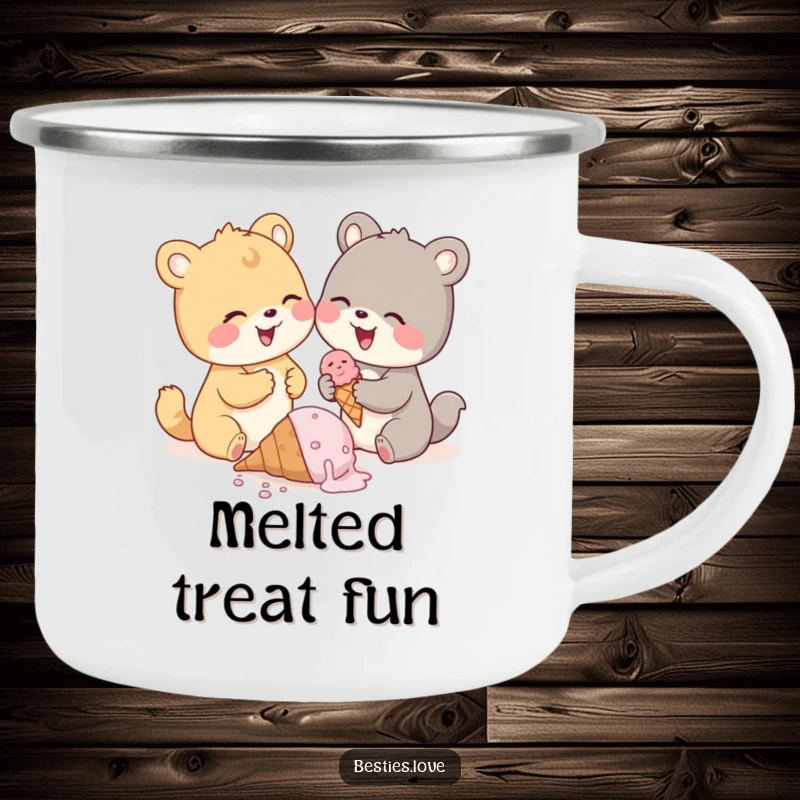 Funny animal pals camping mug, two cute animals giggling over a dropped ice cream cone, durable outdoor mug.