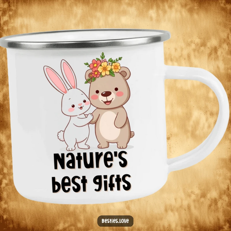Funny camping mug with a bunny giving a flower crown to a bear, celebrating friendship during outdoor adventures with cute animal art.